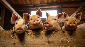 ai generado cerdos esperando alimentación, cerdo interior en un granja patio trasero. canalla en el puesto foto