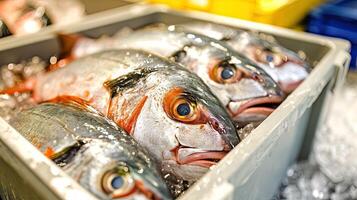 ai generado Fresco pescado en envase caja foto