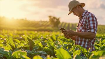 AI generated Agriculturist utilize the core data network in the Internet from the mobile to validate, test, and select the new crop method. Young farmers and tobacco farming photo