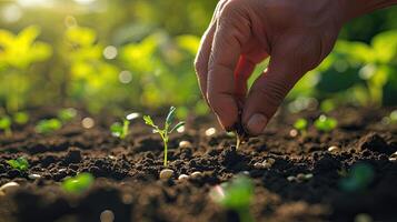 AI generated agriculture. farmer hands planting seeds. photo