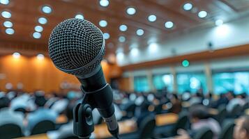 AI generated Microphone voice speaker with audiences or students in seminar classroom, lecture hall or conference meeting in educational business event for host, teacher photo