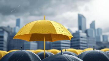 AI generated Gold umbrella on top of other gray umbrellas on city background. Business and safety concept photo