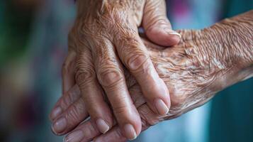 AI generated Parkinson disease patient, Alzheimer elderly senior, Arthritis person's hand in support of nursing family caregiver care for disability awareness day photo