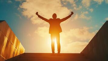 AI generated Silhouette of businessman celebrating raising arms on the top stairs with over sunlight. concept of leadership successful achievement with goal, winner, success, growth photo