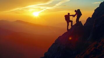 ai generado trabajo en equipo amistad excursionismo ayuda cada otro confiar asistencia silueta en montañas, amanecer. trabajo en equipo de dos hombres caminante Ayudar cada otro foto