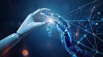 AI generated AI, Machine learning, Hands of robot and human touching on big data network connection, Data exchange, deep learning, Science and artificial intelligence technology, photo