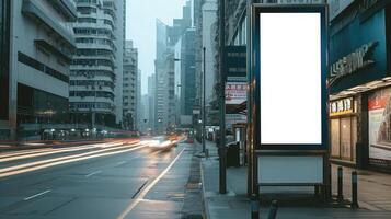 AI generated Blank mock up of vertical street poster billboard on city background photo