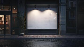 AI generated Blank mock up of store street showcase window in a city at night photo