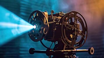 AI generated Movie projector on a dark background with light beam high contrast image photo