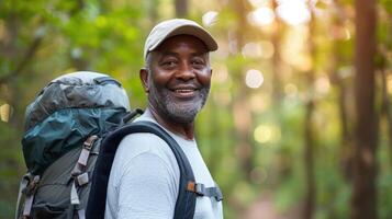 ai generado retrato, negro hombre y excursionismo en bosque, ejercicio y aptitud para bienestar, sano estilo de vida y sonrisa. foto
