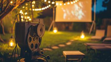 ai generado verano cine con retro proyector en el jardín foto