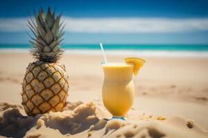 AI generated Fresh pineapple juice and pineapple on a beautiful sandy beach photo