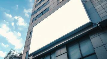 AI generated Blank billboard sign mockup in the urban environment, on the facade, empty space to display your advertising or branding campaign photo