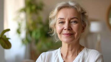 AI generated Head shot portrait happy beautiful retired woman. Mature female advertises professional services of dental clinic smile look at camera. Carefree life on retirement photo