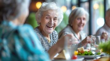 AI generated Group of senior friends communicating while eating lunch in nursing home. Focus is on happy woman. photo