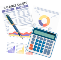 Clipboard with balance sheet and pen. png