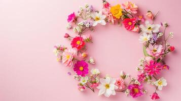 AI generated Spring wreath made of colorful flowers on pink background, place for text, holiday concept. Flat lay photo