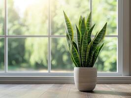 AI generated sansevieria trifasciata snake plant in the window of a modern home or apartment interior photo