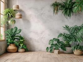 AI generated Stylish room interior with different home plants photo