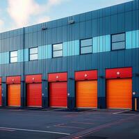 AI generated Rental units of self storage facilities, vibrant colors, industrial garage exterior For Social Media Post Size photo