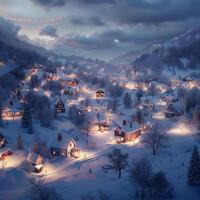 AI generated Village blanketed in snow, illuminated by soft night lights For Social Media Post Size photo