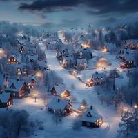 AI generated Village blanketed in snow, illuminated by soft night lights For Social Media Post Size photo