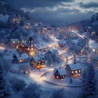 AI generated Snow covered village glows enchantingly under nighttime illumination For Social Media Post Size photo