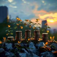 AI generated Investment journey illustrated by plants flourishing atop stacked coins For Social Media Post Size photo