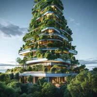 AI generated Modern skyscraper framed by abundant greenery, with softened details For Social Media Post Size photo