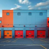 AI generated Rental units of self storage facilities, vibrant colors, industrial garage exterior For Social Media Post Size photo