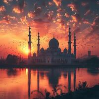 AI generated Mosque silhouette against twilight sky creates a serene, spiritual atmosphere For Social Media Post Size photo