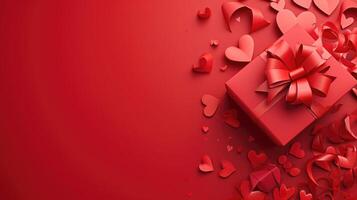 AI generated Paper art Valentine's day concept banner with hand made gift box, paper cut ribbon, bow, and a lot of hearts on a red background with space for text photo