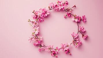 AI generated Flowers composition. Wreath made of pink flowers on pink background. Flat lay, top view, copy space photo