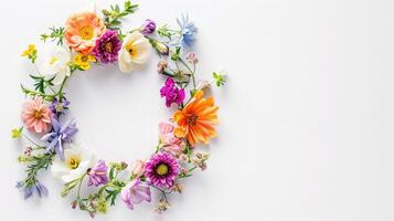 AI generated Flowers composition. Wreath made of various colorful flowers on white background. Easter, spring, summer concept. Flat lay, top view, copy space photo