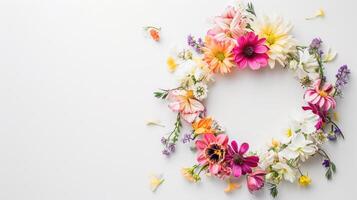 AI generated Flowers composition. Wreath made of various colorful flowers on white background. Easter, spring, summer concept. Flat lay, top view, copy space photo