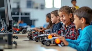 AI generated Diverse school children students build robotic cars using computers photo