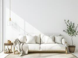 ai generado blanco pared en desván estilo casa con sofá y accesorios en el habitación foto