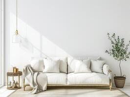 AI generated white wall in loft style house with sofa and accessories in the room photo