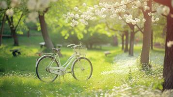 AI generated White bicycle in fresh summer park photo