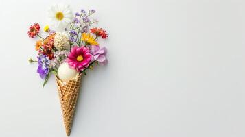 AI generated Ice cream cone with colorful flowers on white background. Flat lay. Minimal summer concept. photo