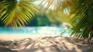 AI generated Sand with blurred Palm and tropical beach bokeh background, Summer vacation and travel concept. Copy space photo