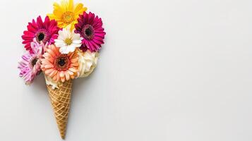 AI generated Ice cream cone with colorful flowers photo