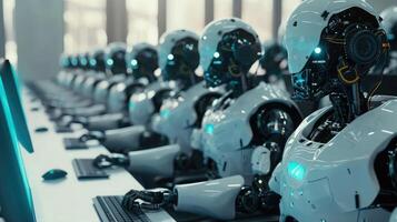 AI generated Many identical AI robots sitting at desk photo