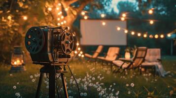 ai generado verano cine con retro proyector en el jardín foto