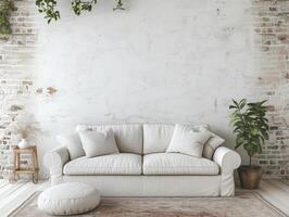 AI generated white wall in loft style house with sofa and accessories in the room photo