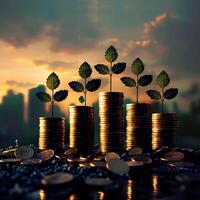 AI generated Financial growth depicted with plant silhouettes rising on stacked coins For Social Media Post Size photo