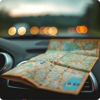 AI generated Traveling by car with map to guide the road trip For Social Media Post Size photo