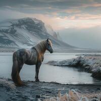 AI generated Horse stands against breathtaking Icelandic backdrop, creating stunning landscape For Social Media Post Size photo