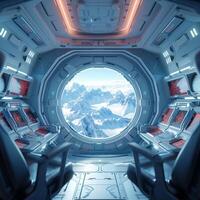AI generated View from spaceship window reveals otherworldly scenery, 3D rendering For Social Media Post Size photo