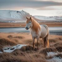 AI generated Icelandic landscape adorned with magnificent horse creates a stunning view For Social Media Post Size photo